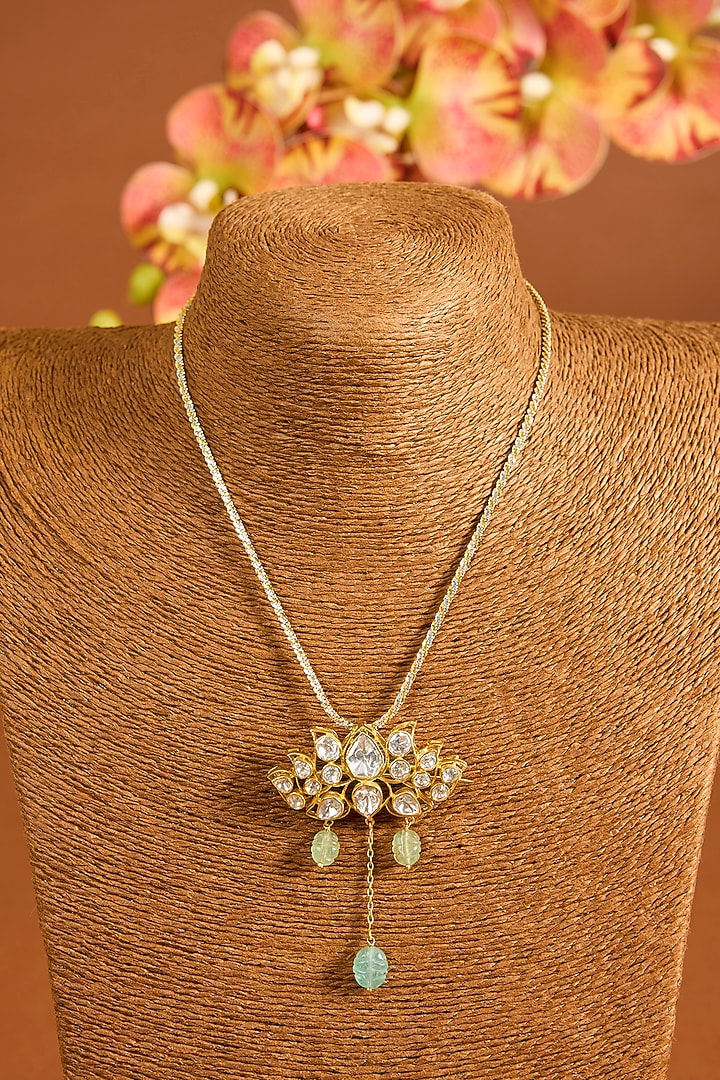 Yellow Gold Finish Moissanite Polki & Emerald Pendant Cum Brooch In Sterling Silver by STELLA CREATIONS at Pernia's Pop Up Shop