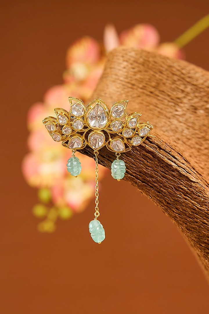 Yellow Gold Finish Moissanite Polki & Emerald Pendant Cum Brooch In Sterling Silver by STELLA CREATIONS at Pernia's Pop Up Shop