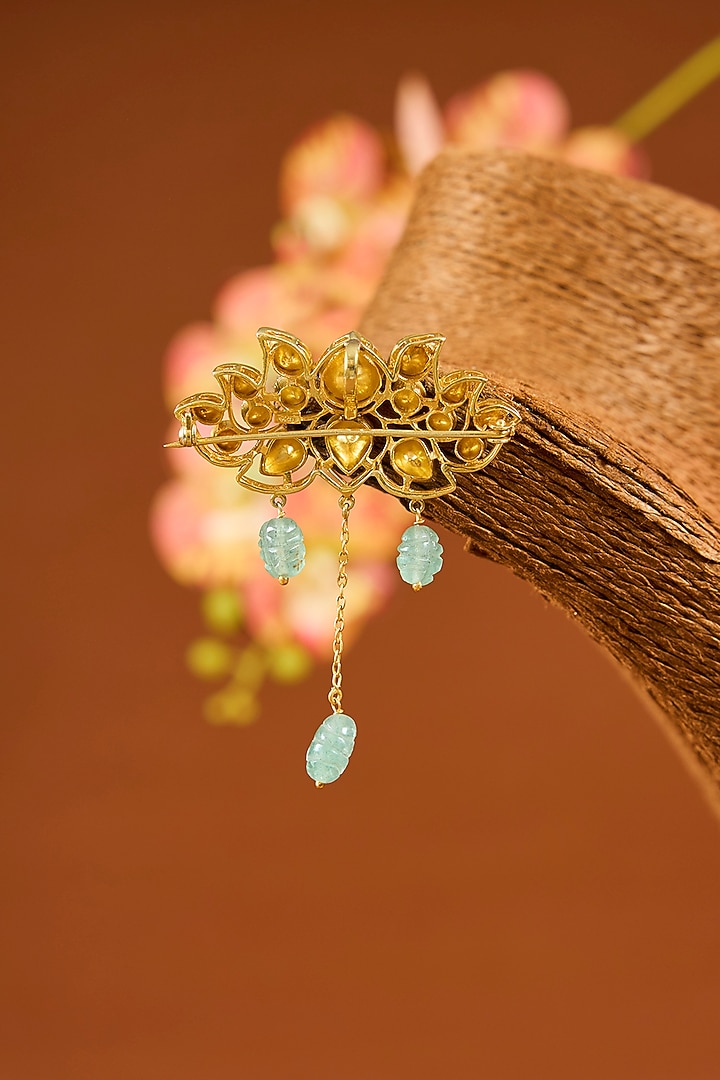 Yellow Gold Finish Moissanite Polki & Emerald Pendant Cum Brooch In Sterling Silver by STELLA CREATIONS at Pernia's Pop Up Shop
