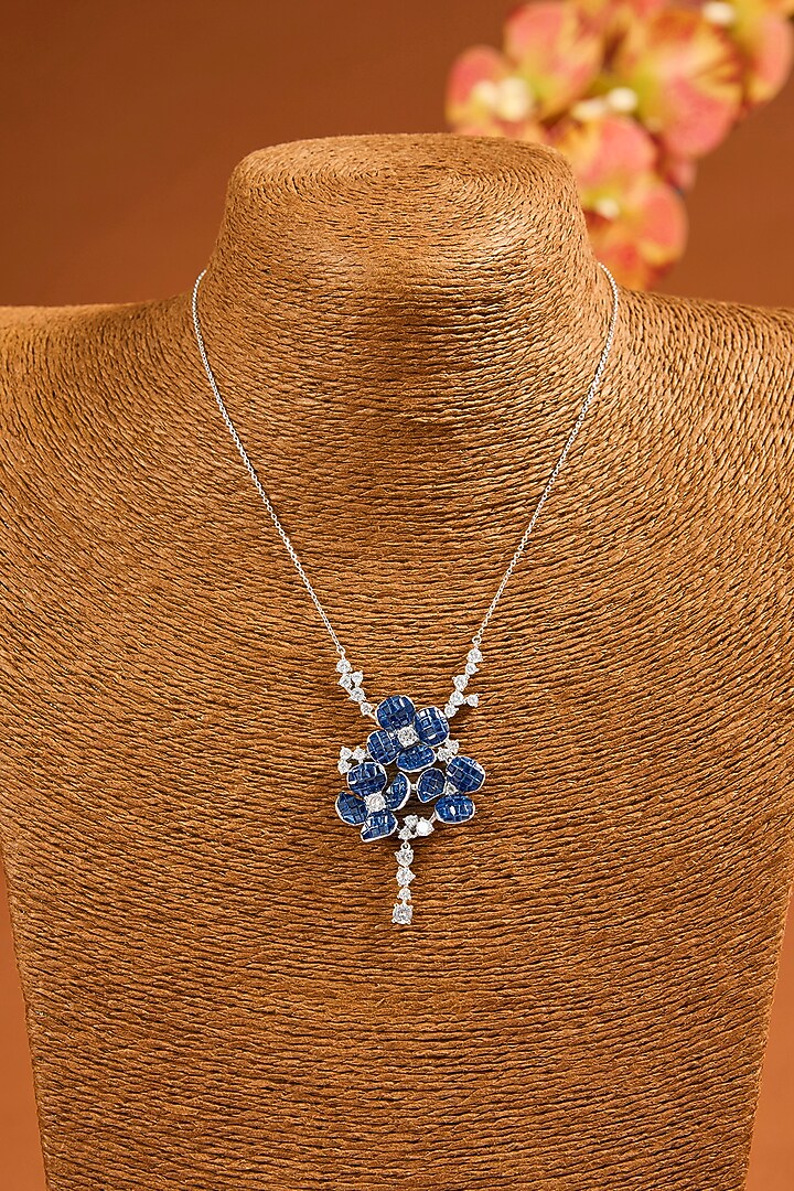 White Gold Finish Eurostar Zircon & Sapphire Pendant Necklace In Sterling Silver by STELLA CREATIONS at Pernia's Pop Up Shop