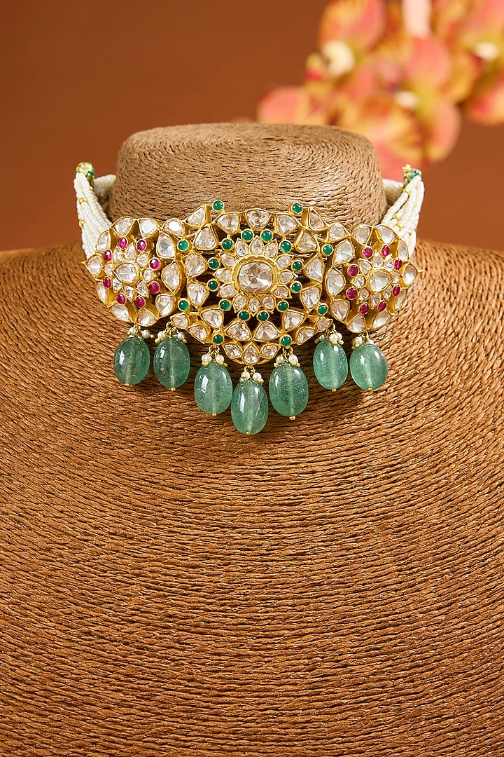 Yellow Gold Finish Moissanite Polki & Emerald Choker Necklace In Sterling Silver by STELLA CREATIONS at Pernia's Pop Up Shop