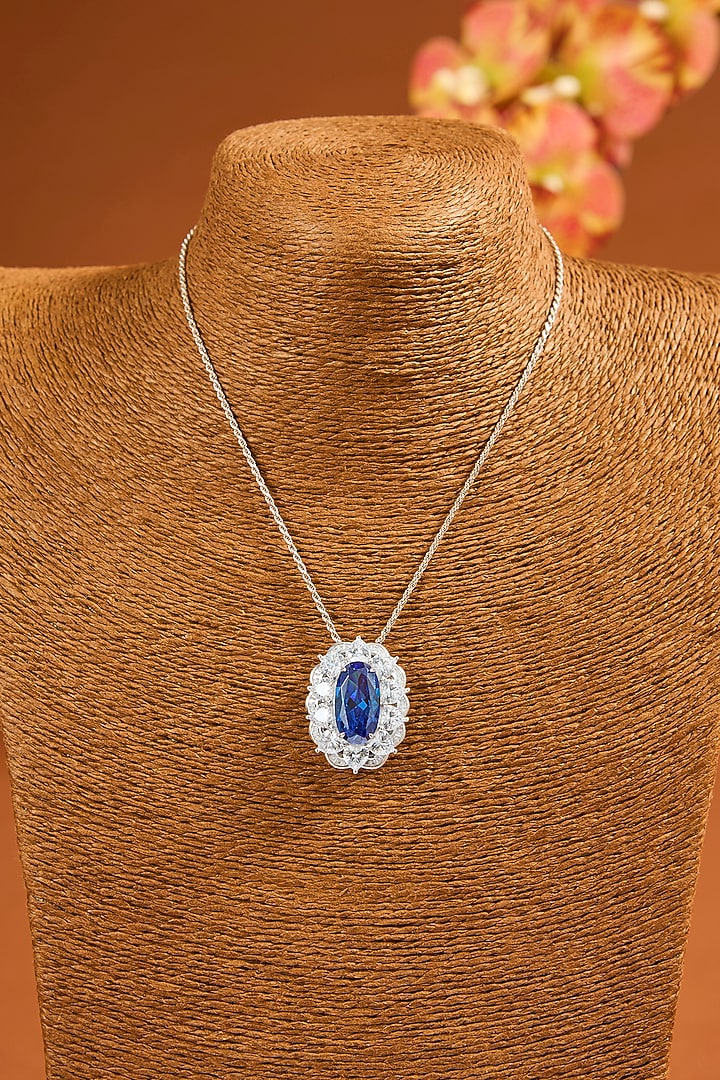 White Gold Finish Eurostar Zircon & Sapphire Pendant Set In Sterling Silver by STELLA CREATIONS at Pernia's Pop Up Shop