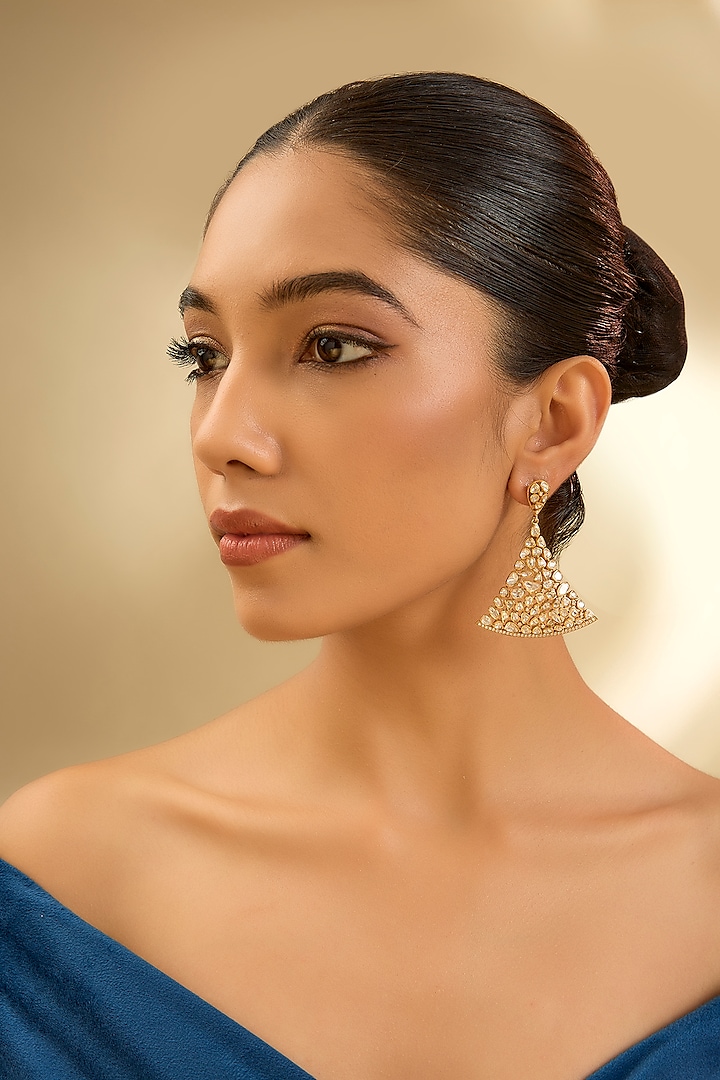 Gold Finish Eurostar Zircon & Moissanite Polki Dangler Earrings In Sterling Silver by STELLA CREATIONS at Pernia's Pop Up Shop