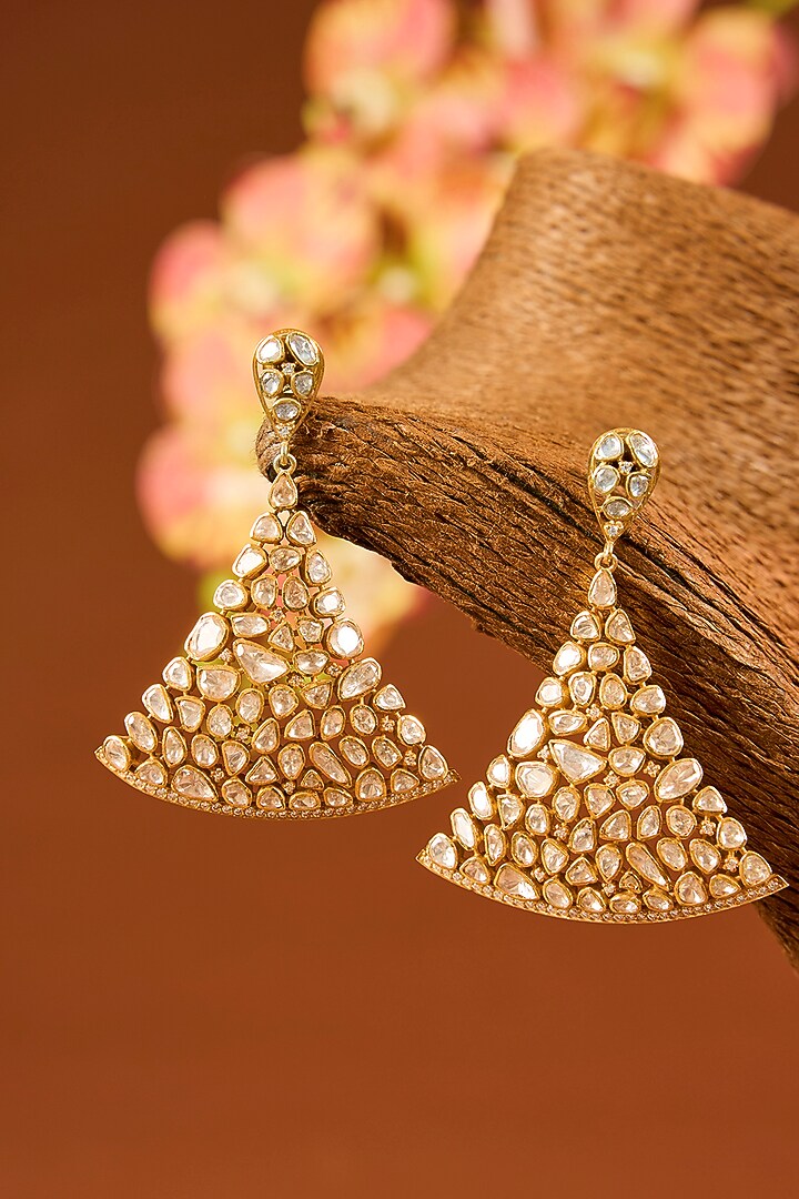Gold Finish Eurostar Zircon & Moissanite Polki Dangler Earrings In Sterling Silver by STELLA CREATIONS at Pernia's Pop Up Shop