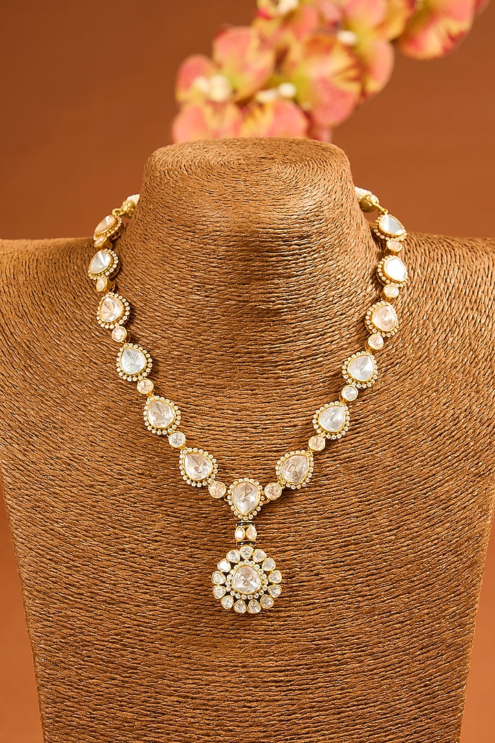 Yellow Gold Finish Moissanite Polki Necklace Set In Sterling Silver by STELLA CREATIONS at Pernia's Pop Up Shop