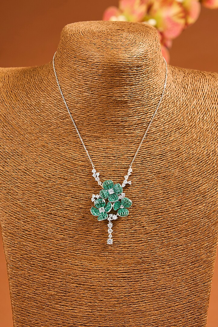 White Gold Finish Eurostar Zircon & Emerald Necklace Set In Sterling Silver by STELLA CREATIONS at Pernia's Pop Up Shop