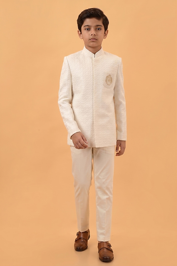 Off White Lucknowi Handwork Bandhgala Set For Boys by STEEL kids at Pernia's Pop Up Shop