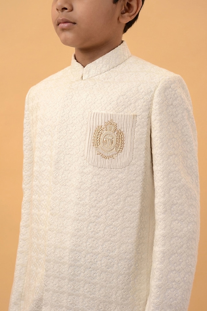 Off White Lucknowi Handwork Bandhgala Set For Boys by STEEL kids at Pernia's Pop Up Shop
