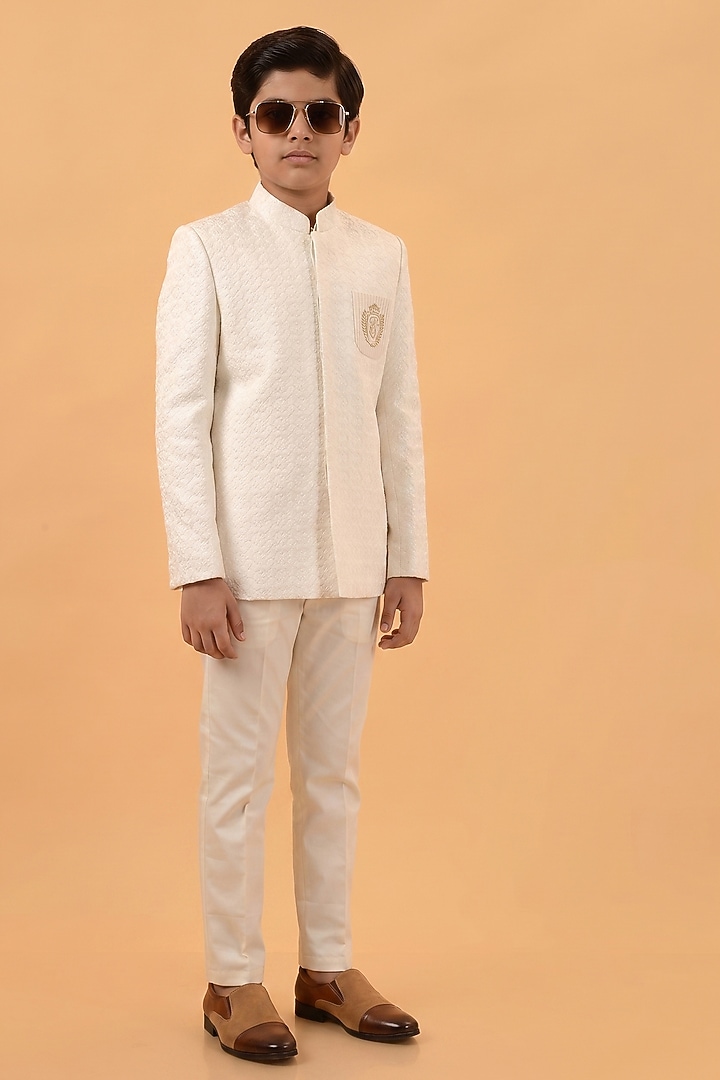 Off White Lucknowi Handwork Bandhgala Set For Boys by STEEL kids at Pernia's Pop Up Shop