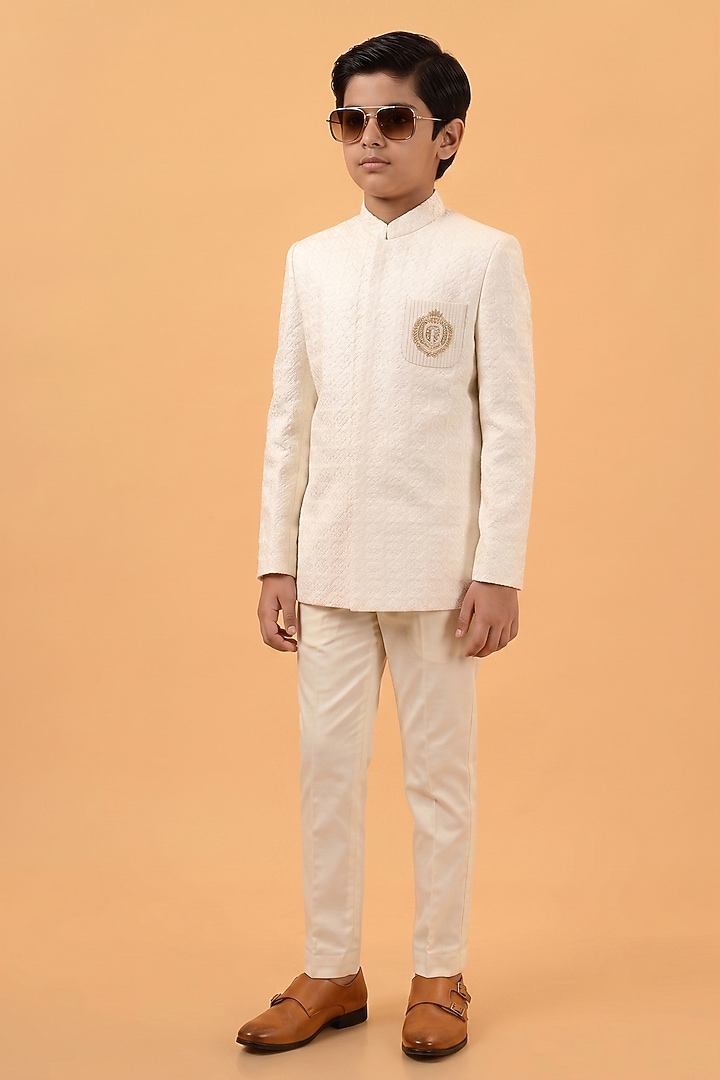 Off White Lucknowi Handwork Bandhgala Set For Boys by STEEL kids at Pernia's Pop Up Shop