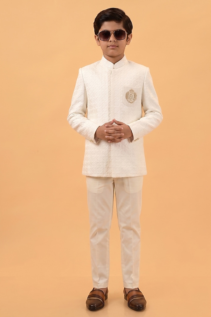 Off White Lucknowi Handwork Bandhgala Set For Boys by STEEL kids at Pernia's Pop Up Shop