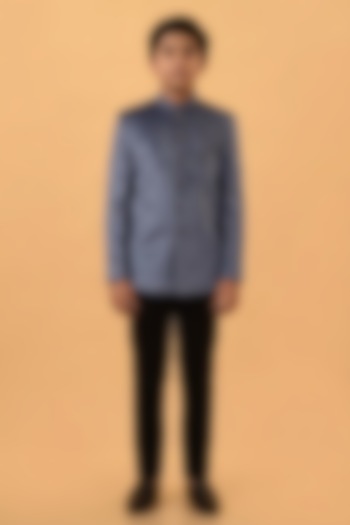 Bluish Grey Velvet Hand Embroidered Bandhgala Set For Boys by STEEL kids at Pernia's Pop Up Shop