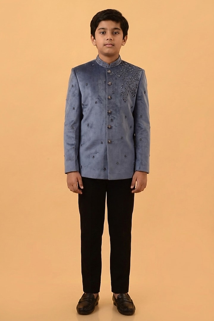 Bluish Grey Velvet Hand Embroidered Bandhgala Set For Boys by STEEL kids at Pernia's Pop Up Shop