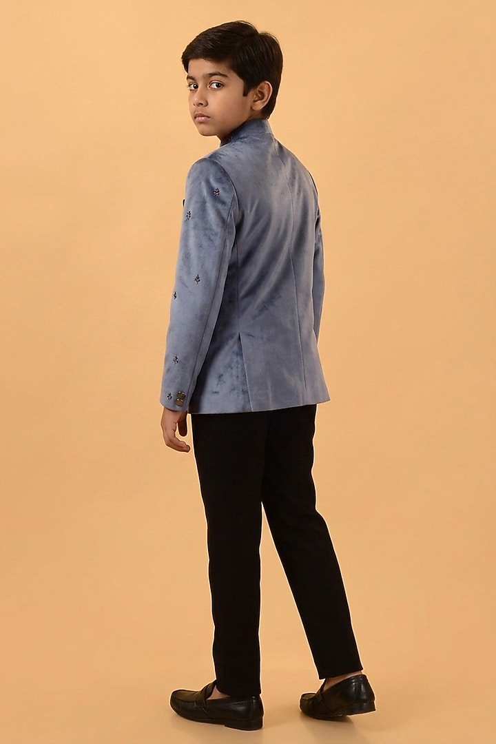 Bluish Grey Velvet Hand Embroidered Bandhgala Set For Boys by STEEL kids at Pernia's Pop Up Shop