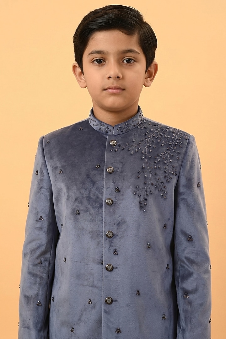 Bluish Grey Velvet Hand Embroidered Bandhgala Set For Boys by STEEL kids at Pernia's Pop Up Shop