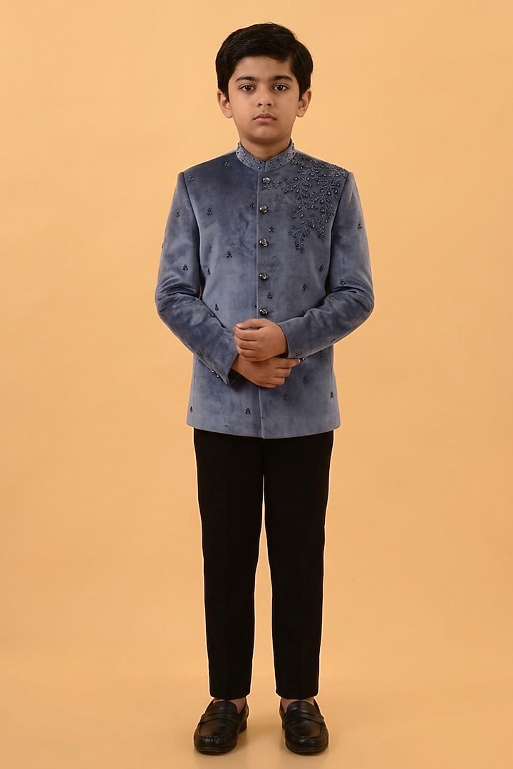Bluish Grey Velvet Hand Embroidered Bandhgala Set For Boys by STEEL kids at Pernia's Pop Up Shop