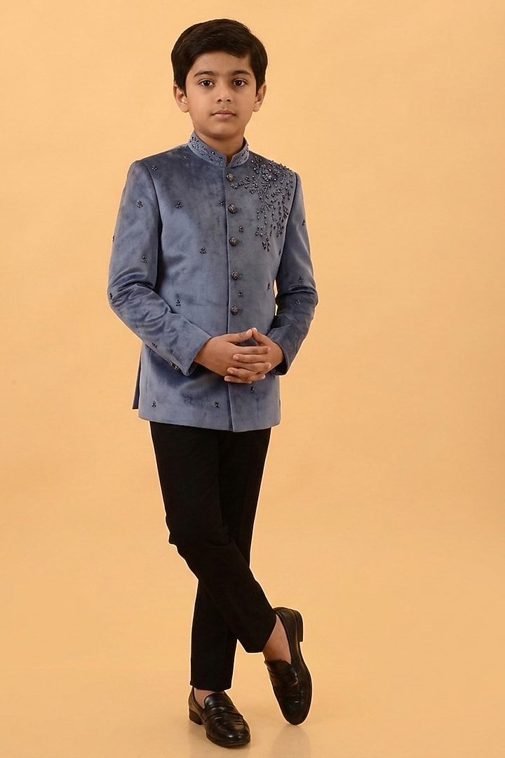 Bluish Grey Velvet Hand Embroidered Bandhgala Set For Boys by STEEL kids at Pernia's Pop Up Shop