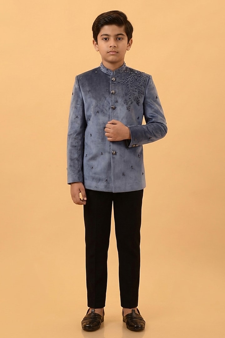 Bluish Grey Velvet Hand Embroidered Bandhgala Set For Boys by STEEL kids at Pernia's Pop Up Shop