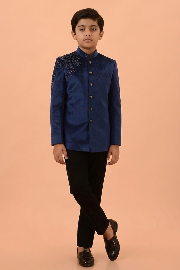 Blue Velvet Hand Embroidered Bandhgala Set For Boys by STEEL kids at Pernia's Pop Up Shop