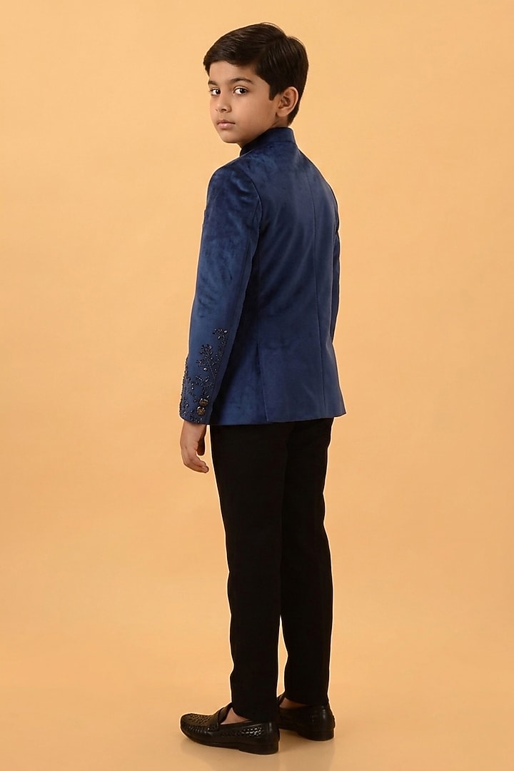 Blue Velvet Hand Embroidered Bandhgala Set For Boys by STEEL kids at Pernia's Pop Up Shop