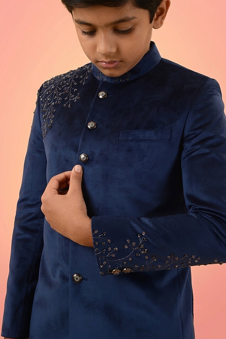 Blue Velvet Hand Embroidered Bandhgala Set For Boys by STEEL kids at Pernia's Pop Up Shop