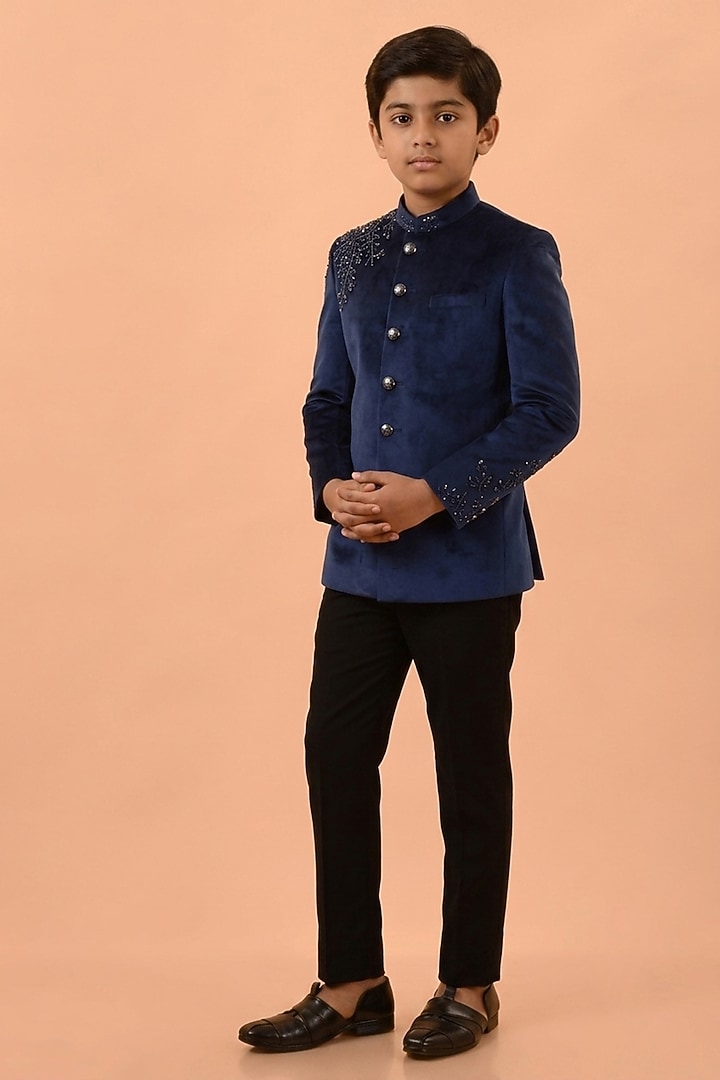 Blue Velvet Hand Embroidered Bandhgala Set For Boys by STEEL kids at Pernia's Pop Up Shop