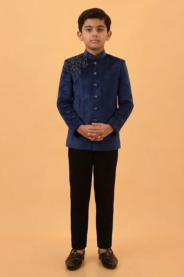 Blue Velvet Hand Embroidered Bandhgala Set For Boys by STEEL kids at Pernia's Pop Up Shop