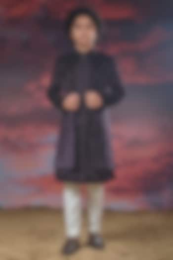 Dark Purple Velvet Hand Embroidered Indowestern Set For Boys by STEEL kids at Pernia's Pop Up Shop