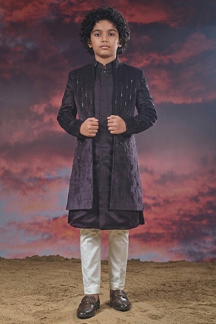 Dark Purple Velvet Hand Embroidered Indowestern Set For Boys by STEEL kids at Pernia's Pop Up Shop