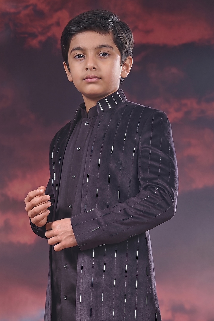 Dark Purple Velvet Hand Embroidered Indowestern Set For Boys by STEEL kids at Pernia's Pop Up Shop