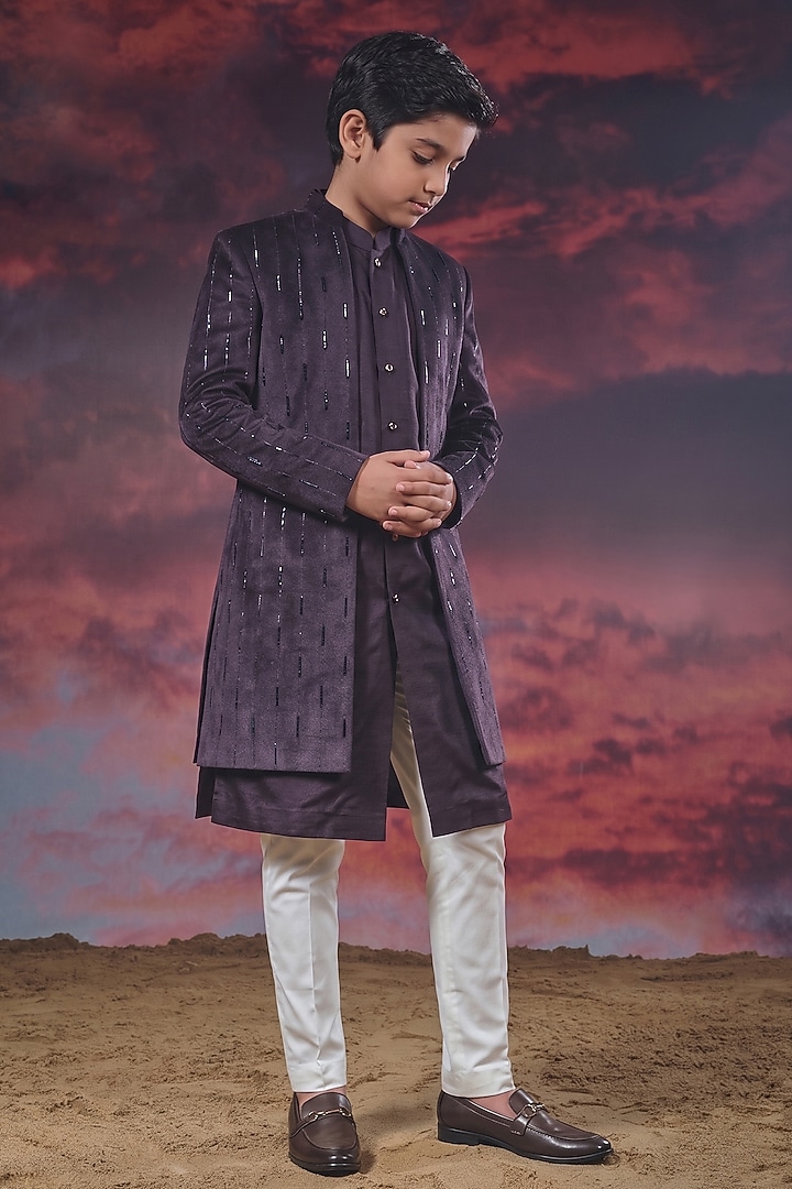 Dark Purple Velvet Hand Embroidered Indowestern Set For Boys by STEEL kids at Pernia's Pop Up Shop