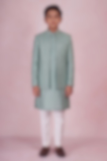 Turquoise Viscose Silk Embroidered Indowestern Set For Boys by STEEL kids at Pernia's Pop Up Shop