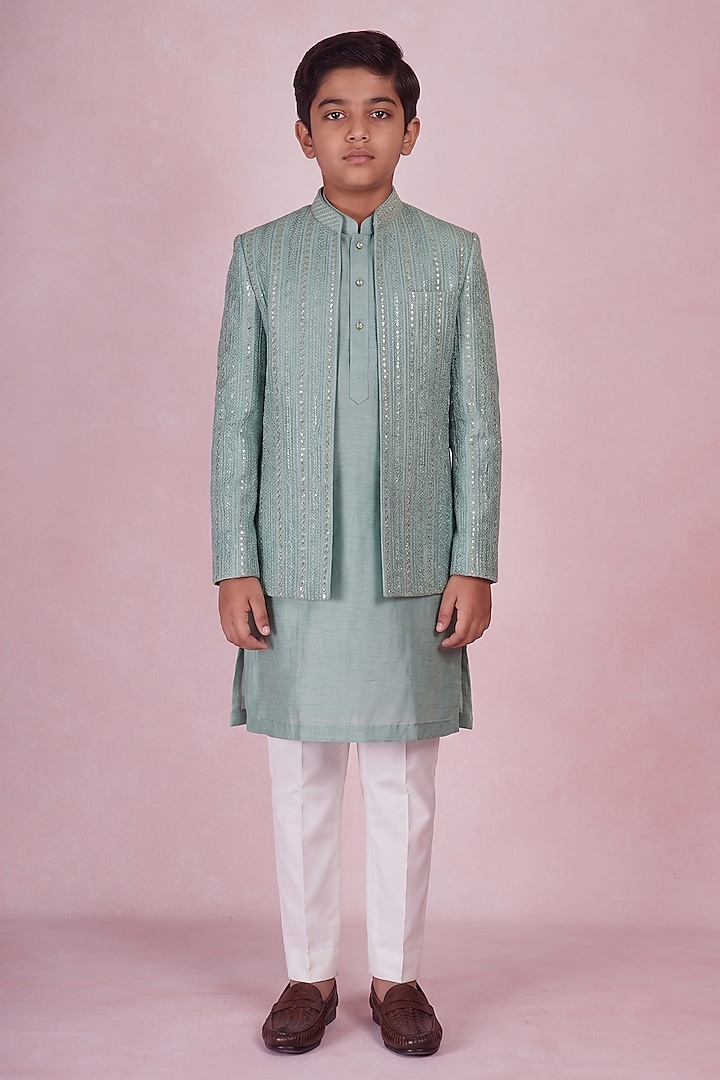 Turquoise Viscose Silk Embroidered Indowestern Set For Boys by STEEL kids at Pernia's Pop Up Shop