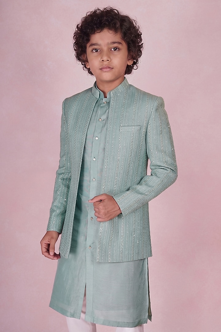 Turquoise Viscose Silk Embroidered Indowestern Set For Boys by STEEL kids at Pernia's Pop Up Shop