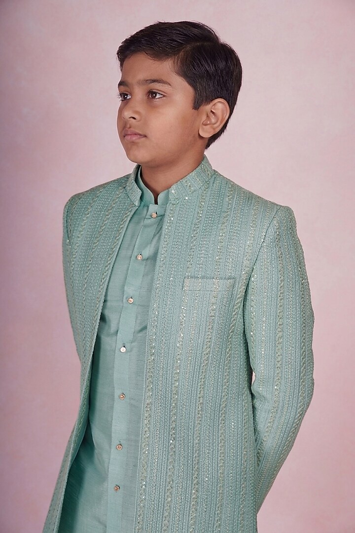 Turquoise Viscose Silk Embroidered Indowestern Set For Boys by STEEL kids at Pernia's Pop Up Shop