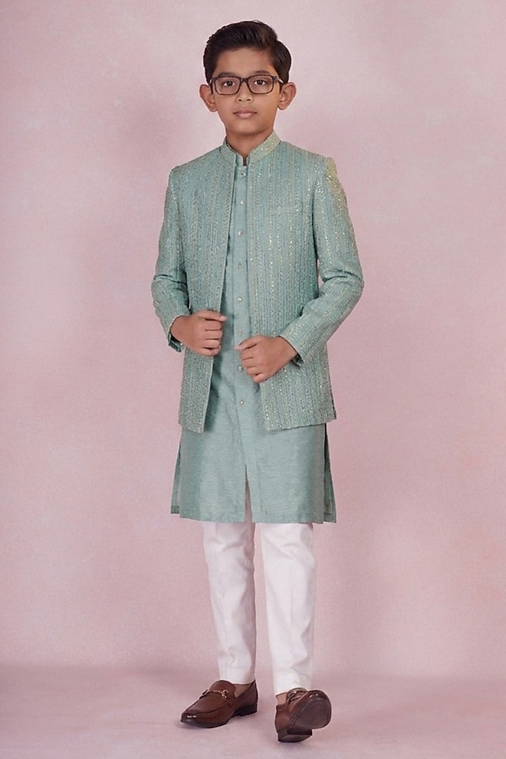 Turquoise Viscose Silk Embroidered Indowestern Set For Boys by STEEL kids at Pernia's Pop Up Shop