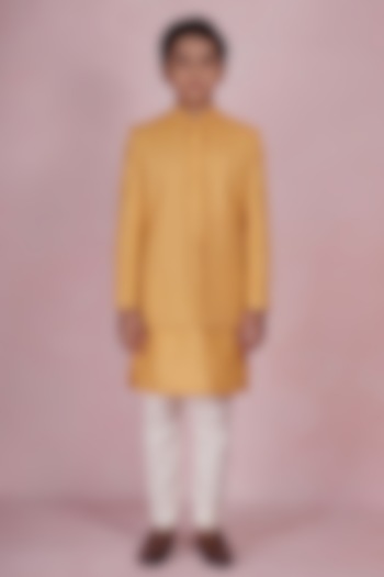 Mustard Viscose Silk Embroidered Indowestern Set For Boys by STEEL kids at Pernia's Pop Up Shop
