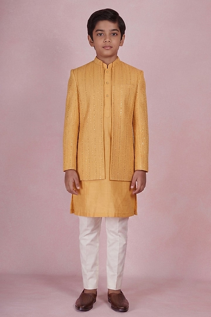 Mustard Viscose Silk Embroidered Indowestern Set For Boys by STEEL kids at Pernia's Pop Up Shop
