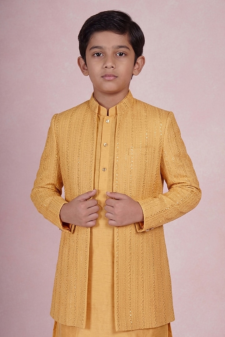 Mustard Viscose Silk Embroidered Indowestern Set For Boys by STEEL kids at Pernia's Pop Up Shop