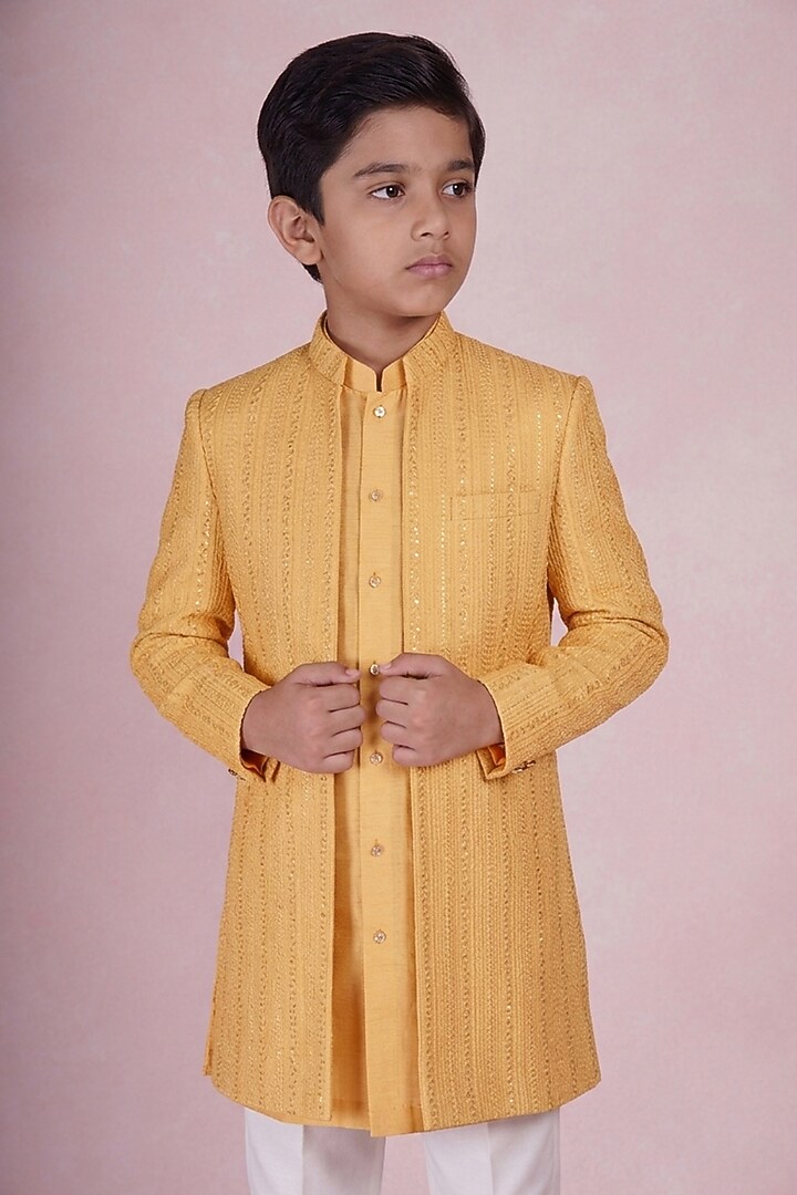 Mustard Viscose Silk Embroidered Indowestern Set For Boys by STEEL kids at Pernia's Pop Up Shop