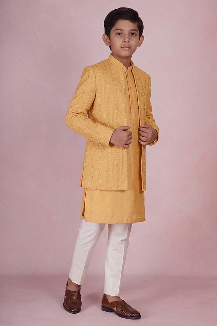 Mustard Viscose Silk Embroidered Indowestern Set For Boys by STEEL kids at Pernia's Pop Up Shop