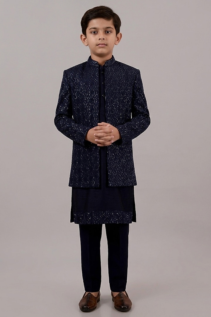 Blue Viscose Silk Hand & Machine Embroidered Indowestern Set For Boys by STEEL kids at Pernia's Pop Up Shop