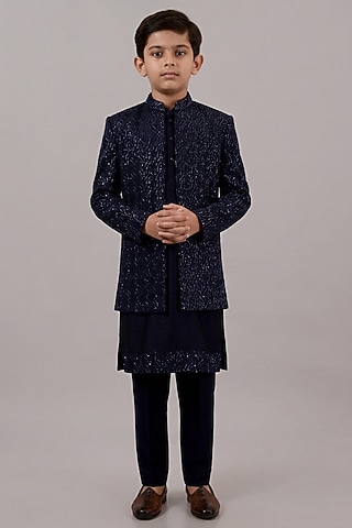 Blue Viscose Silk Hand & Machine Embroidered Indowestern Set For Boys by STEEL kids