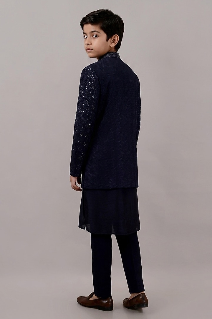Blue Viscose Silk Hand & Machine Embroidered Indowestern Set For Boys by STEEL kids at Pernia's Pop Up Shop