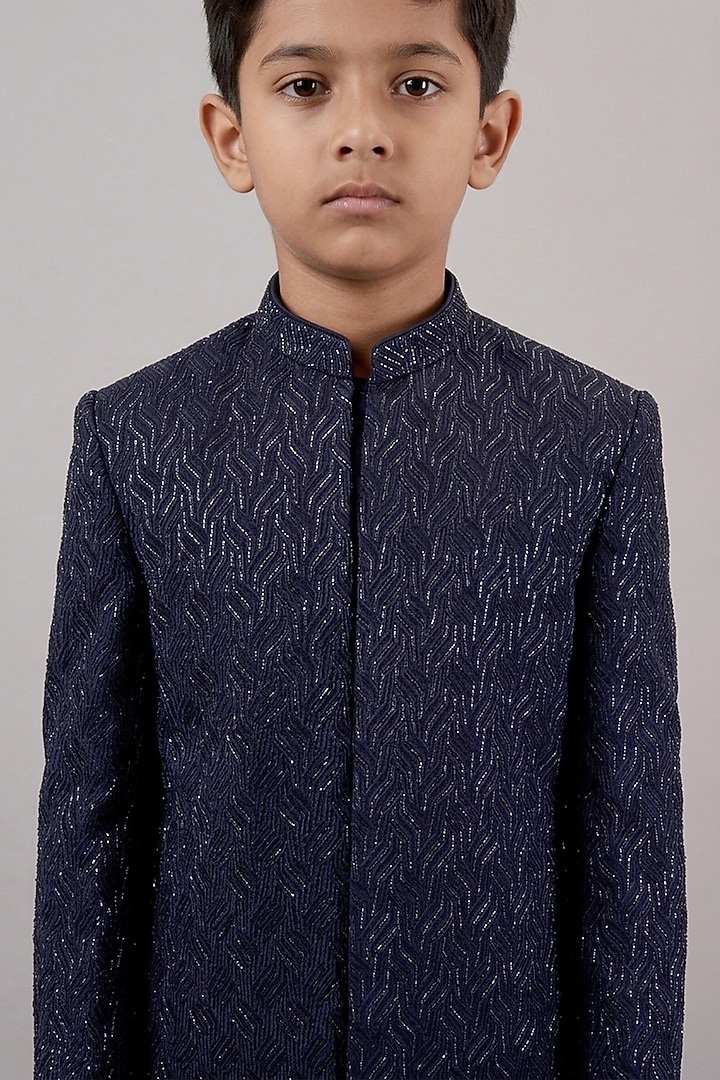Blue Viscose Silk Hand & Machine Embroidered Indowestern Set For Boys by STEEL kids at Pernia's Pop Up Shop