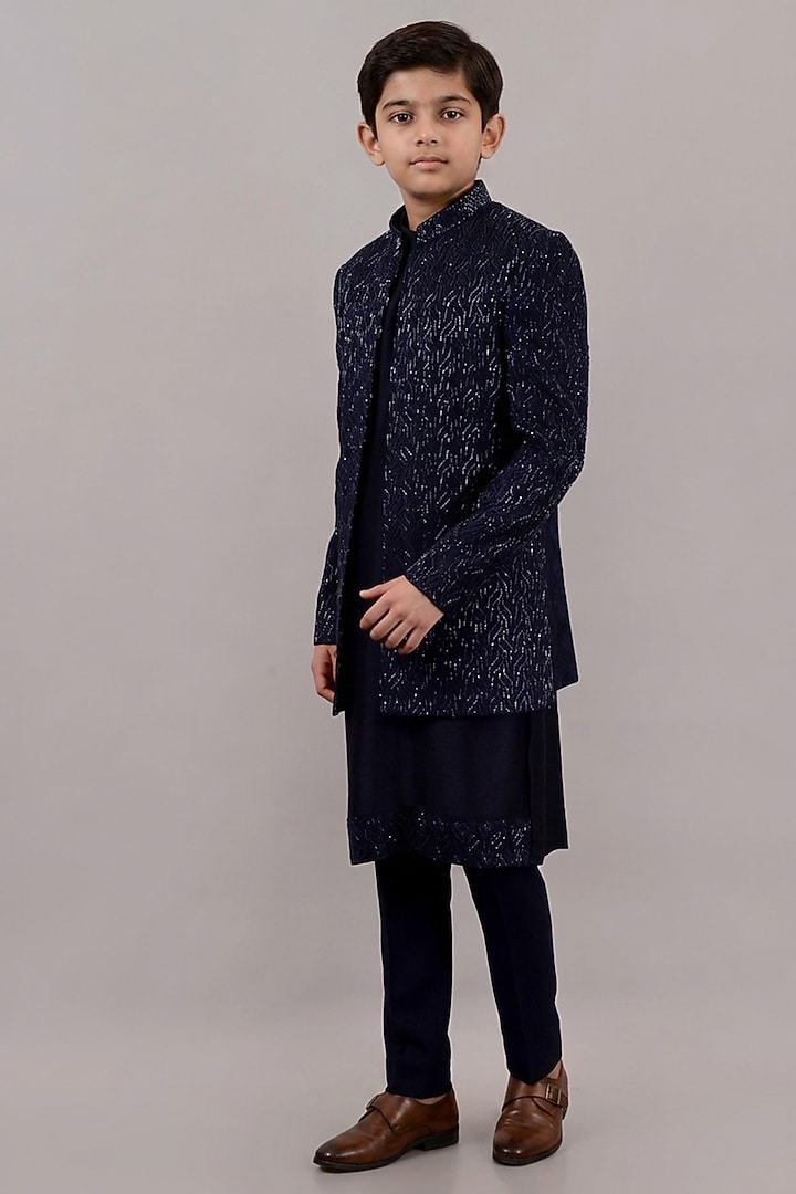 Blue Viscose Silk Hand & Machine Embroidered Indowestern Set For Boys by STEEL kids at Pernia's Pop Up Shop