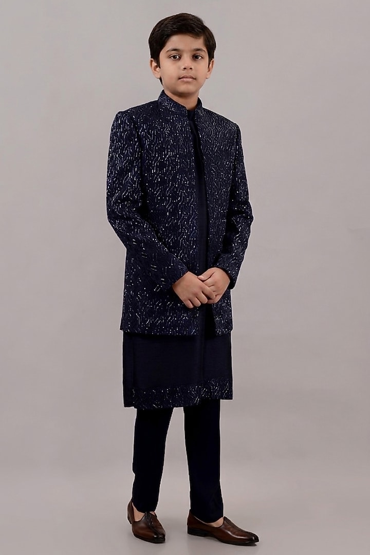 Blue Viscose Silk Hand & Machine Embroidered Indowestern Set For Boys by STEEL kids at Pernia's Pop Up Shop