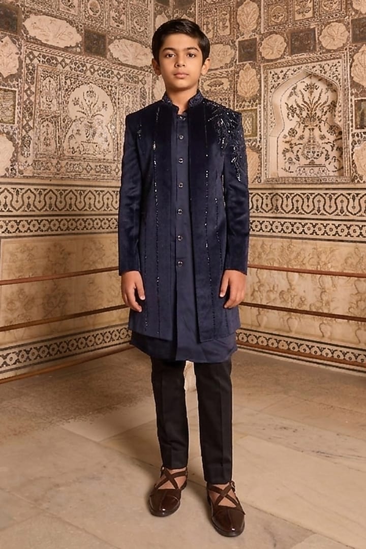 Navy Blue Velvet Hand Embroidered Indowestern Set For Boys by STEEL kids at Pernia's Pop Up Shop