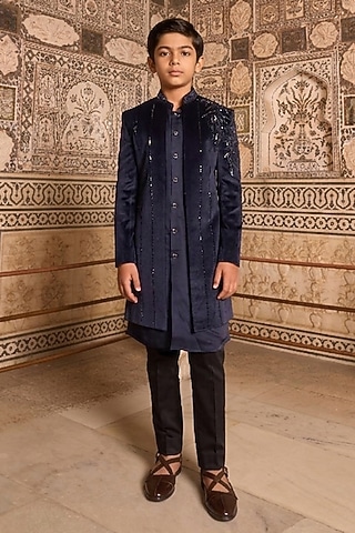 Navy Blue Velvet Hand Embroidered Indowestern Set For Boys by STEEL kids