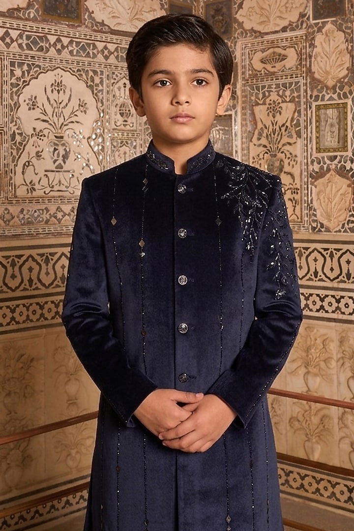 Navy Blue Velvet Hand Embroidered Indowestern Set For Boys by STEEL kids at Pernia's Pop Up Shop